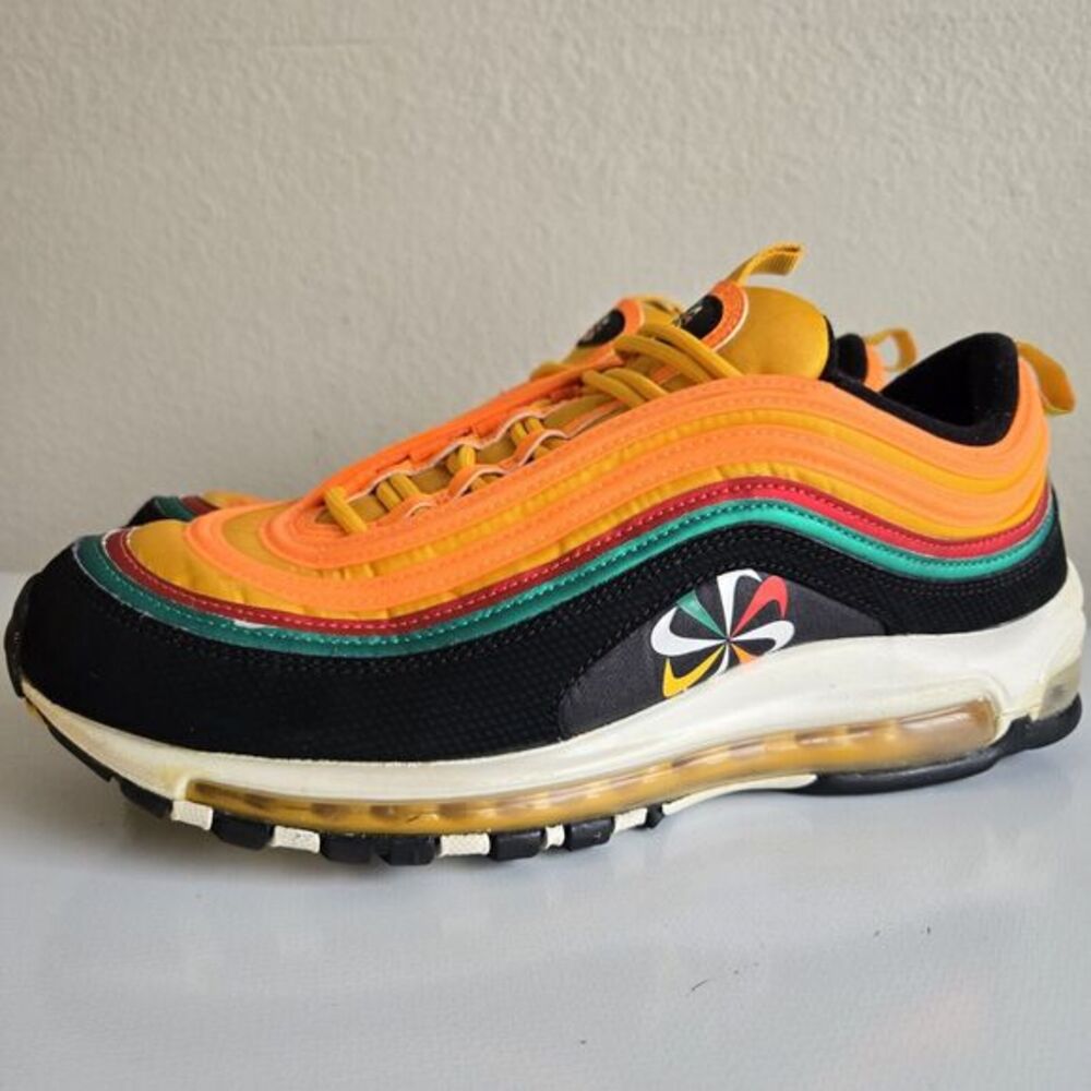 NIKE AIR MAX 97 SUNBURST ORANGE PINWHEEL LOGO GREEN‎ Shoes CK9399-001 Mens 10.5